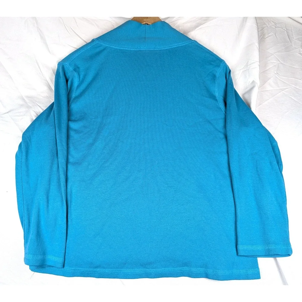 Rafaella Womens Large Turquoise Blue V-Neck Long Sleeve Ribbed Cotton Top